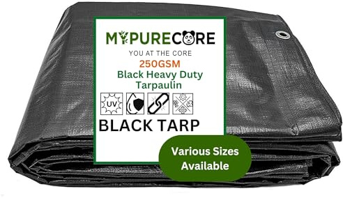 MYPURECORE Heavy Duty Waterproof Tarpaulin - Black Tarp for Outdoor Protection - Durable Groundsheet, Tent Shield, Trailer & Trampoline Cover - UV & Weatherproof Sheet for Camping & Garden (8m x 12m)