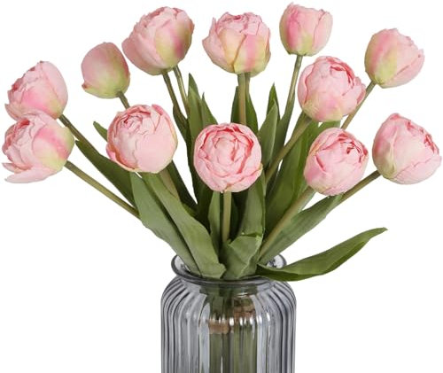 IPOPU Tulipanes Rosas Artificiales, 2 Ramos de Tulipanes, Flores Rosas, Flores de imitación Vintage de Aspecto Real para decoración del hogar, Ramo de Boda, Fiesta, Baby Shower, centros de Mesa de