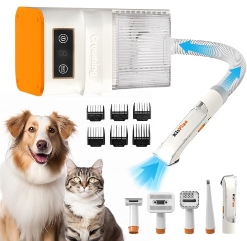 KITPLUS Kit de toilettage pour chien, 12 000 Pa, 5 modes, puissance d'aspiration 99 % des poils d'animaux, aspirateur de grande capacité de 2 L, tondeuse à poils rechargeables, écran LED, 11 outils