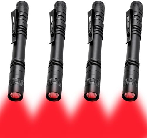 MODOAO Confezione da 4 torce a LED a luce rossa, ad alta potenza, impermeabili, tascabili, compatte, con clip, per campeggio, escursionismo, visione notturna, astronomia e emergenza, sdt356-red