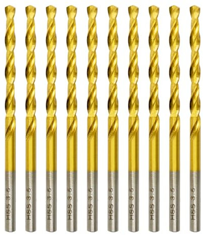 Hilpaty HSS-TiN Drill Bit 3.5mm x 70mm x 10pcs Titanium Coated Twist Drill Bits for Metal, Stainless Steel, Non Ferrous, Cast Iron, Wood