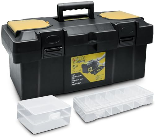CCLIFE Werkzeugbox 18 Werkzeugkasten 44 x 22 x 20 cm Koffer mit 2 kleinen Aufbewahrungsboxen, Schnellverschluss und Organizer, stabiler Organizer aus Kunststoff für diverse Werkzeuge