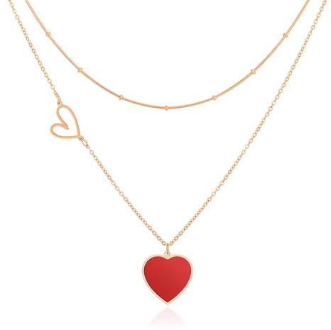 Linawe Collana con Ciondolo a Cuore Rosso in Acciaio Inossidabile da Donna, Gioielli in Oro Rosa, Collana a Strati