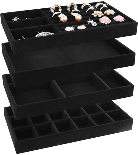 LWAIX Lot de 4 tiroirs de rangement pour bijoux - Système de rangement pour bijoux - Système de rangement - Boucles d'oreilles - Bracelets - Anneaux - Noir