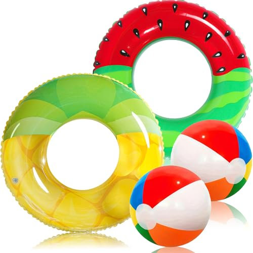 Chennyfun Anneau de Natation Fruit Gonflable 90cm, et Ballon de Plage, 4 Pcs Jouet Piscine Accessoires de Piscine, Décoration pour La Plage La Fête de Piscine, Bouée Flottante pour Adultes Enfants