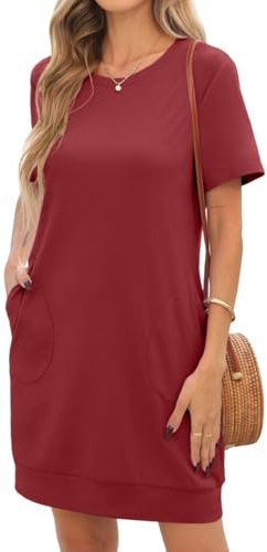 PrinStory Robe T-shirt pour femme Robes décontractées Col rond Robe T-shirt à manches courtes avec poches, rouge bordeaux, S