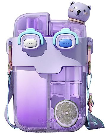 Bouteille d'eau en plastique de grande capacité Double récipient Gourde Impression Dessin animé Gobelet à paille en plastique pour l'intérieur et l'extérieur