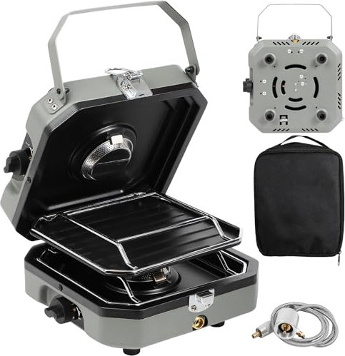 Propane Double Burner Two Burner Camp Stove, 16000 BTU Portable Folding Gas Stove for Camping, With grill, grill pan and carry bag, For camping, home backyard, outdoor cooking (Green)