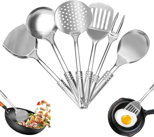 DIYJEP Set di 6 utensili da cucina, in acciaio inox, spatola, schiumarola, mestolo da zuppa, forchetta da carne con foro sospeso, resistente al calore, antiaderente, per cucinare (Sliver)
