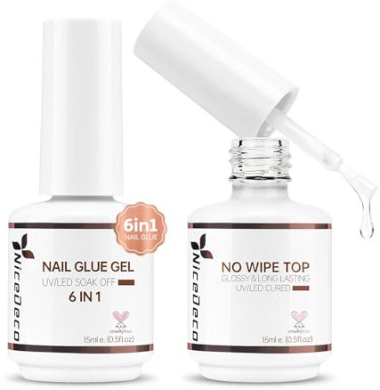 Nicedeco 2 x 15ml Top Coat Ultra Brillant et Colle Faux Ongles Extra Forte, Gel Glue pour Pose Américaine Ongles Capsules, Longue Durée Nail Extend Vernis à Ongles Gel UV/LED