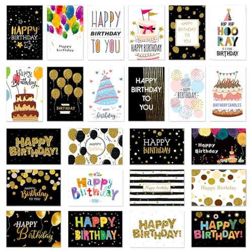 Zyluniy Lot de 24 Cartes d'anniversaire avec Enveloppe et Autocollants, Carte de Vœux Anniversaire Femme, Carte Postale, Carte Anniversaire Homme, Cartes de Vœux Pliantes pour Hommes, Femmes, Enfants
