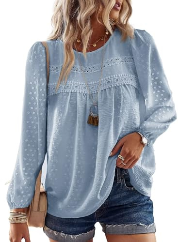TUUHAW Camisa Mujer Manga Larga Boho Elegante Blusa Otoño con Cuello Redondo Moda 2025 Encaje Top Casual Punto Suizo Invierno Ropa Color Sólido Túnica Suelto Basic Informal Azul L