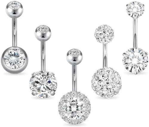 louuuou 5 PCS Belly Button Bars Silver, Surgical Steel Belly Bars | Hypoallergenic, Safe for Sensitive Skin, Classic Curved Barbell Design, Belly Piercing for Daily Parties Dates Festivals
