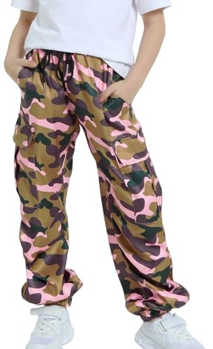 JiAmy Pantalones cargo para niñas, cintura elástica con cordón, pantalones para niños con múltiples bolsillos, pantalones deportivos de baile Y2K para 5-14 años, Estampado camuflaje, 11-12 Years