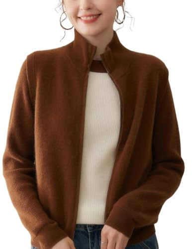 WEWE Gilet Cachemire Femme Col Montant Uni Gilet Tricoté en Vrac Manches Longues épais Cardigan en Cachemire et Laine,Marron foncé,EU 42,MN659