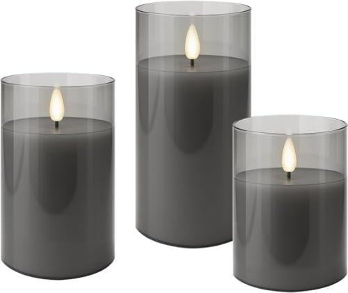 goobay 3 st äkta LED-vaxljus i grå kristallglas, varmt ljus (2 700 K), 3D-flameffekt, timer 6 h, innehåller 10 x AAA-batterier, säkra och dekorativa inomhus-, 75261