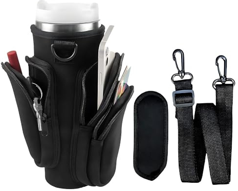 XINGSUI 1 Pieza Protector Botella, Funda para Botella Agua, Bolsillo de Botellas Agua Portátil, con Bolsillo para Teléfono e Correa Ajustable, para Stanley de 40 onzas, Viajes, Caminar (Negro)