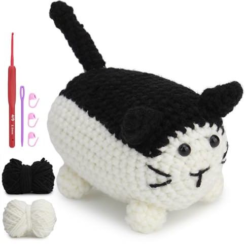 KMFASVX Juego de ganchillo para Principiantes,Juego de Ganchillo para Gatos,Animal Crochet Kit Principiantes con Agujas de Ganchillo, Hilo, Instrucciones y Tutoriales en Pas