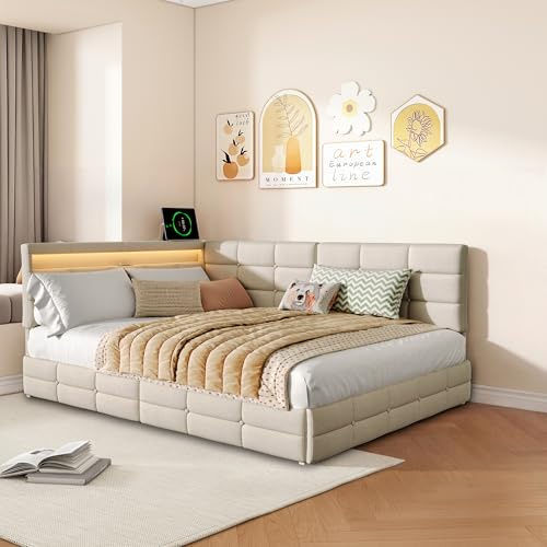 AONYAYBM Canapé-lit rembourré 140 x 200 cm, lit double avec LED et USB, lit pour adolescent avec 2 tiroirs, espace de rangement, lit de jour avec sommier à lattes, canapé-lit, lit pour