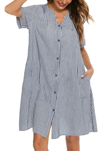 YOZLY House Dress Women Cotton Duster Robe Short Sleeve Housecoat Button Down Nightgown Navy Blue X-Large