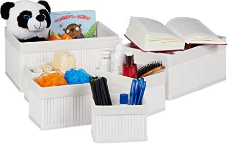 Relaxdays, Blanco Set de Seis cestas de almacenaje, Funda de Tela, Bambú, Cuadrado y Rectangular, Organizador, Algodón