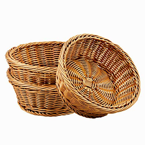 WANDIC Woven Basket, 3 Pcs Poly-Wicker Bread Storage Baskets For Food Fruit Vegetables, Shallow Shop Supermarket Display Serving Restaurant Home Kitchen, Round/Brown (20 * 20 * 7.5CM)