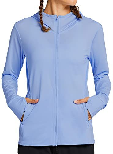 MASKERT Damen UV Shirt Sonnenschutz Hoodie Laufshirt Langarm Full Zip Funktionsshirt Wandershirts Sportshirt Running mit Taschen Outdoor Jacke UPF 50+, Lavendelblau L