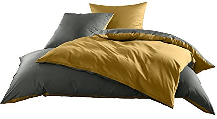 Bettwaesche-mit-Stil Mako Satin Baumwollsatin Wende Bettwäsche Garnitur - viele Farben und Größen (Stahlgrau - Gold, 1x 140x200 + 1x 70x90 cm)