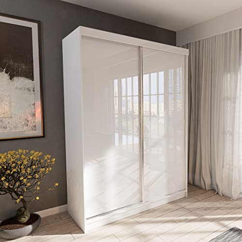 Marlux-Meble Zweitüriger Kleiderschrank 125 cm breit mit Schwebe & Schiebetüren Eckkleiderschrank Garderobenschrank Schlafzimmerschrank Dielenschrank Systemschrank Hochglanz Schrank