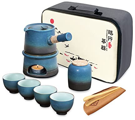 fanquare Service à Thé Japonais Traditionnel, Set de Thé Kungfu de Voyage, Théière Chinoise Bleue avec 4 Tasses en Céramique, Théière Réchauffeur