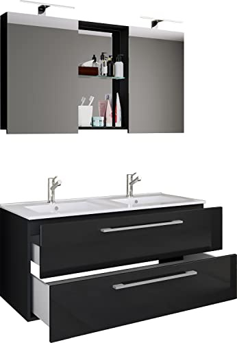 VCM badrumsmöbler tvättställ svart 112 x 46 x 127 cm 2 lådor set förvaring | Stort tvättställsset med gott om lagringsutrymme – familjebadrum – för stora familjer – trämaterial, handfat av keramik