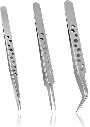 Lot de 3 Pincettes de Précision Kit, Pinces à épiler Antistatiques en Acier Inoxydable, Pince Extension Cils Professionnel, Pincette Droite et Courbée pour Bijoux, Artisanat, Electronique