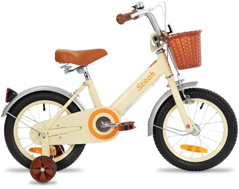 STITCH Bicicletta per bambini da 12 pollici per 2 3 4 anni, bicicletta per bambini con cestino anteriore e ruote di supporto per bambini da 2 a 4 anni, beige..…