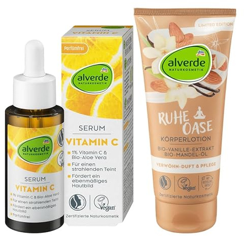 alverde Naturkosmetik 2er-Set Hautpflege: Serum Vitamin C für ein ebenmäßiges & geglättetes Hautgefühl, 30 ml + Handcreme Ruheoase feuchtigkeitsspendend mit Vanille-Extrakt & Mandel-Öl, 75 ml (105 ml)