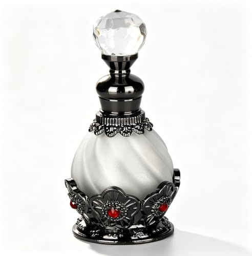 15ml Vintage Glass Perfume Bottle with Antique Silver Flower Figurine - Refillable Empty Decorative Bottle for Essential Oils - Girl or Women Gift for Dresser Table Decor
