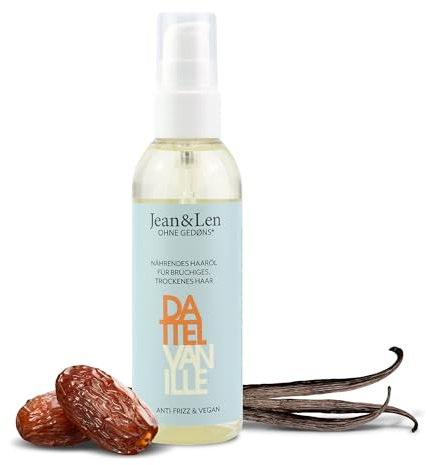Jean & Len Huile Capillaire Nourrissante Datte et Vanille, Effet Anti-Frisottis, pour Cheveux Secs et Cassants, Action Démêlante, Parfum Vanille, sans Silicones ni Parabènes, Végan, 100 ml