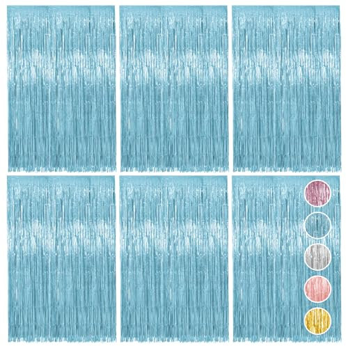 Vaktop 6 Stück Lametta Vorhang Blau, Glitzervorhang Lametta, Glitzer Party Vorhang, Folien Fransen Hintergrund fur Party Deko Geburtstagsdeko Hochzeit Festivals Bühnendekor (1m x 2m)