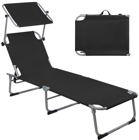 Montafox Sonnenliege 195 x 59 x 32 cm Strand Liege Tragbar max.150 kg Sonnendach Verstellbarer Rückenlehne Garten Pool Terrasse Klappbarer Liegestuhl, Farbe:Schwarz