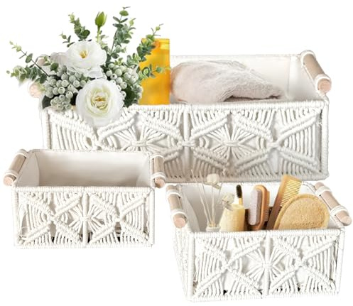 3er Set Makramee Aufbewahrungskörbe,geflochtener Geschenkkorb für Ostern,Boho mit Holzgriffen, Handgemacht gewebter Korb aus Baumwollseil,Dekokorb für Badezimmer,Schlafzimmer,Küche und Regal (3er Set)