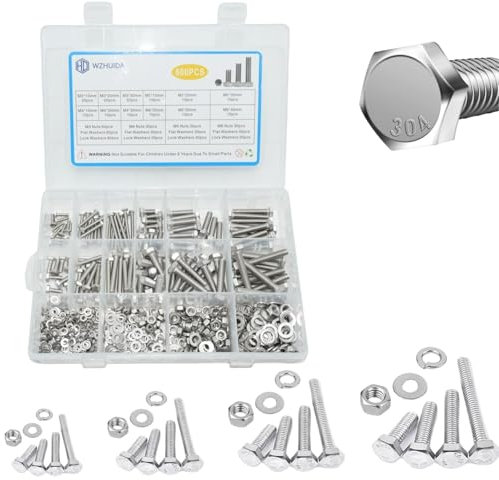 WZHUIDA 600 Stück M3 M4 M5 M6 Sechskantschrauben und Muttern Set, Edelstahl Sechskant Schrauben Muttern und Unterlegscheiben Sortiment Kit, Maschinenschrauben mit Vollgewinde