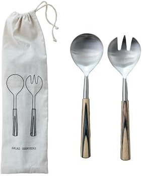 Bloomingville, Natural and Black - Posate da insalata in acciaio INOX e legno di mango, misura media, 2 pezzi