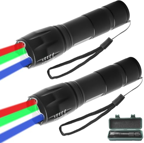 4 in 1 LED-Taschenlampe, 2 Stück Mehrfarbige Taschenlampe mit Rot, Grün, Blau, Weißes Licht, Wiederaufladbar Taschenlampe USB, Fokus Wasserdichte Taschenlampe für Camping, Notfall, Outdoor-Abenteuer