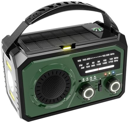 wueiooskj Radio de Emergencia con batería Recargable de 16000 mAh con manivela, Radio Solar portátil de Emergencia NOAA/FM/Am, SOS, Compass, Bluetooth 5.3, Linterna, USB de Teléfono (Verde Profundo)