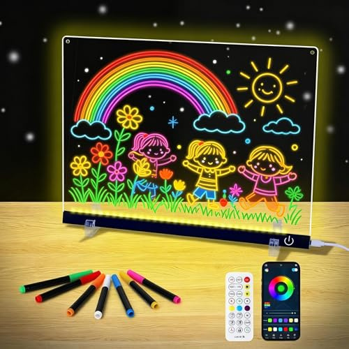 Doodle Glow, LED Note Board with Colors, 14.1x10.9 Arvana Acrylic Dry Erase Board, 16M-Color LED Light-Up Memo Board w/Music Sync, APP & Remote, Stand & 7 Markers, Neon Glow Display (Black)
