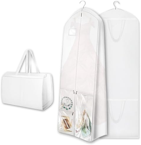 Borsa bianca per abiti da sposa e abiti da sposa, lunghezza 180 cm, pieghevole, per abiti lunghi e cappotti, lunga con cerniere, per abiti da sposa, abiti da sera, cappotti