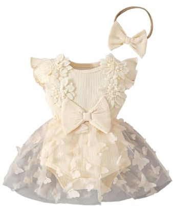 HEOXIN Vestito Tutina per Neonata, Abito in Tulle con Ricami 3D a Farfalle Senza Maniche con Volant + Set con Cerchietto con Fiocco, Abbigliamento Estivo Autunno per Neonate, Beige 6-9 Mesi
