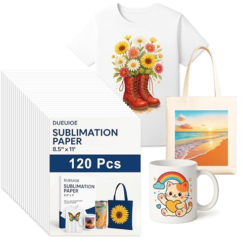 DUEUIOE Sublimation Paper 8.5x11 Inch – 120 Sheets, 120gsm Heat Transfer Paper for Inkjet Printer, Fast Dry, High Transfer Rate for T-Shirts, Mugs, Tumblers, Polyester Fabric