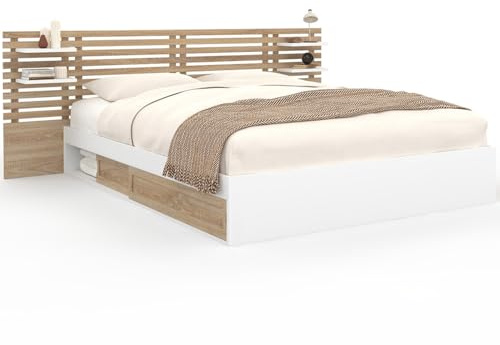IDMarket - Lit Double Savana 160 x 200 cm façon hêtre et Blanc | Avec tête de lit, chevets, rangements et sommier
