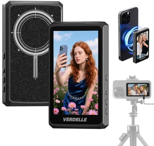 VERDELLD Pantalla Magnética para Selfie Vlog, Monitor para Teléfon para iPhone, Soporte 4K 30fps Grabación con Cable, Altavoz Integrado per Selfie Vlog TikTok LiveStream
