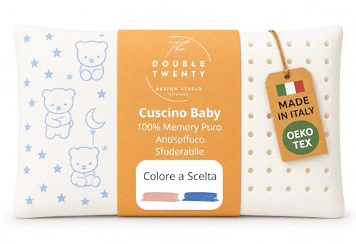 The Double Twenty Cuscino Baby in Memory Foam, ideale per culla e Bambini fino a 5 anni, Federa ipoallergenica,Modello a Saponetta forata Antisoffoco (Blu)